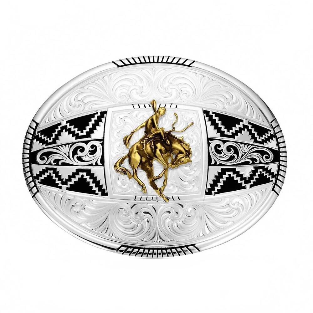 NEW MONTANA SILVERSMITHS men's aztec buckle with ranch bucking horse in silver